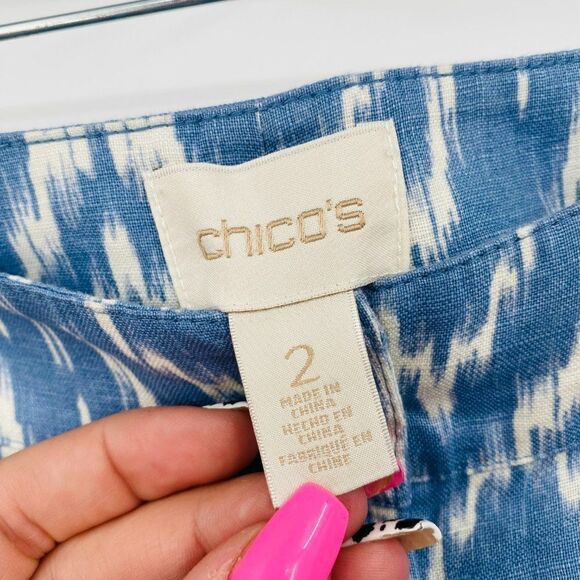 Chico's Size Medium 12 Blue & White Ikat Print Linen Wide Leg Pants - Picture 7 of 9